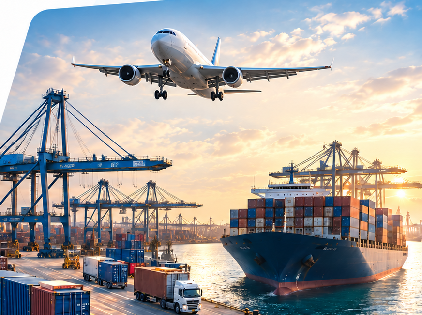 Integrated logistics with cargo aircraft, container vessel, port cranes, containers and road freight trucks